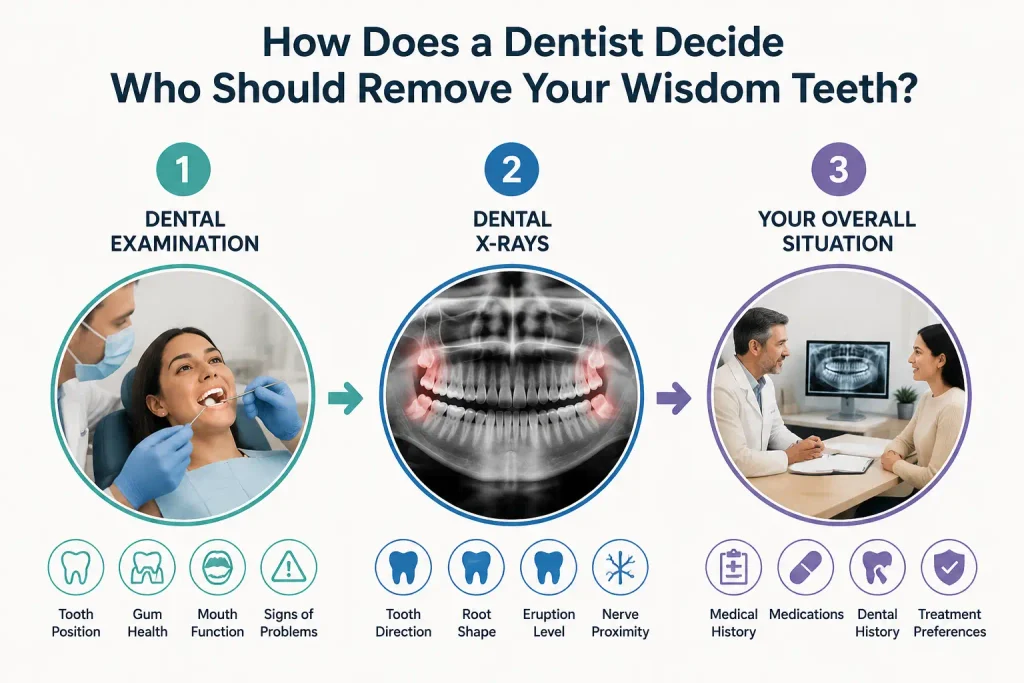 Infographic showing how dentists evaluate wisdom teeth removal using dental examination, X-rays, and patient health factors