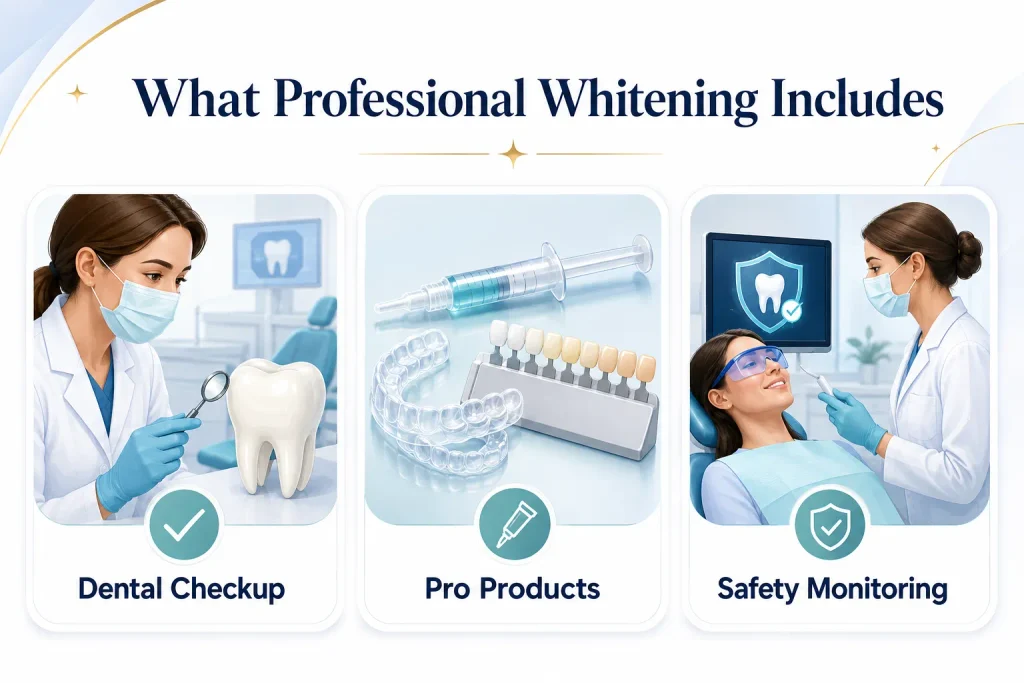 Infographic showing professional teeth whitening costs include a dental checkup, professional whitening products, custom trays, and safety monitoring.