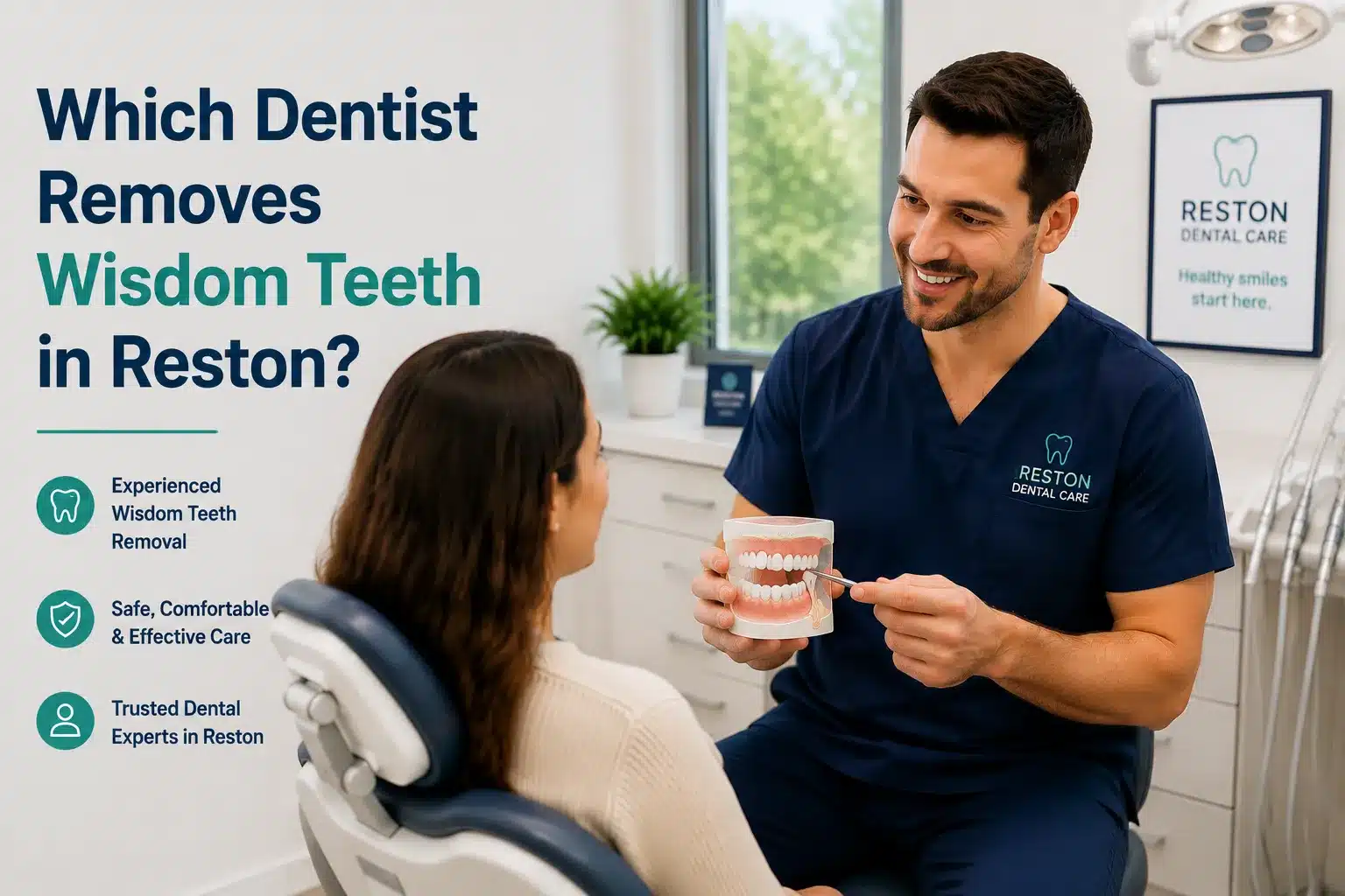 Dentist in Reston explaining wisdom teeth removal treatment to a patient during a dental consultation in a modern dental clinic
