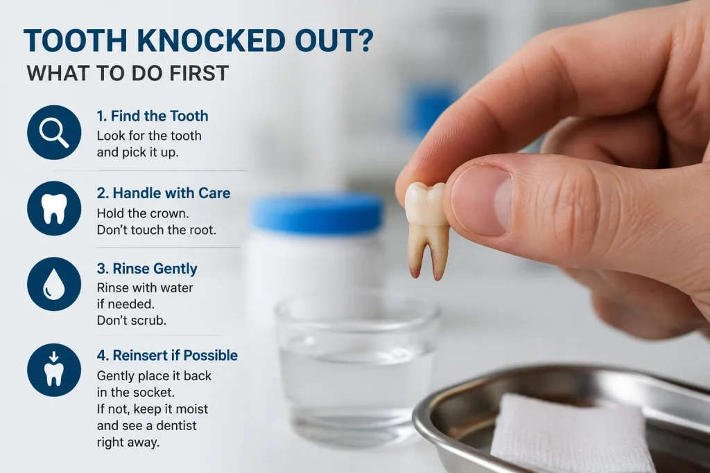 Dental emergency infographic showing the steps to handle a knocked-out tooth, including picking up the tooth by the crown, avoiding the root, gently rinsing it, and getting urgent dental care.