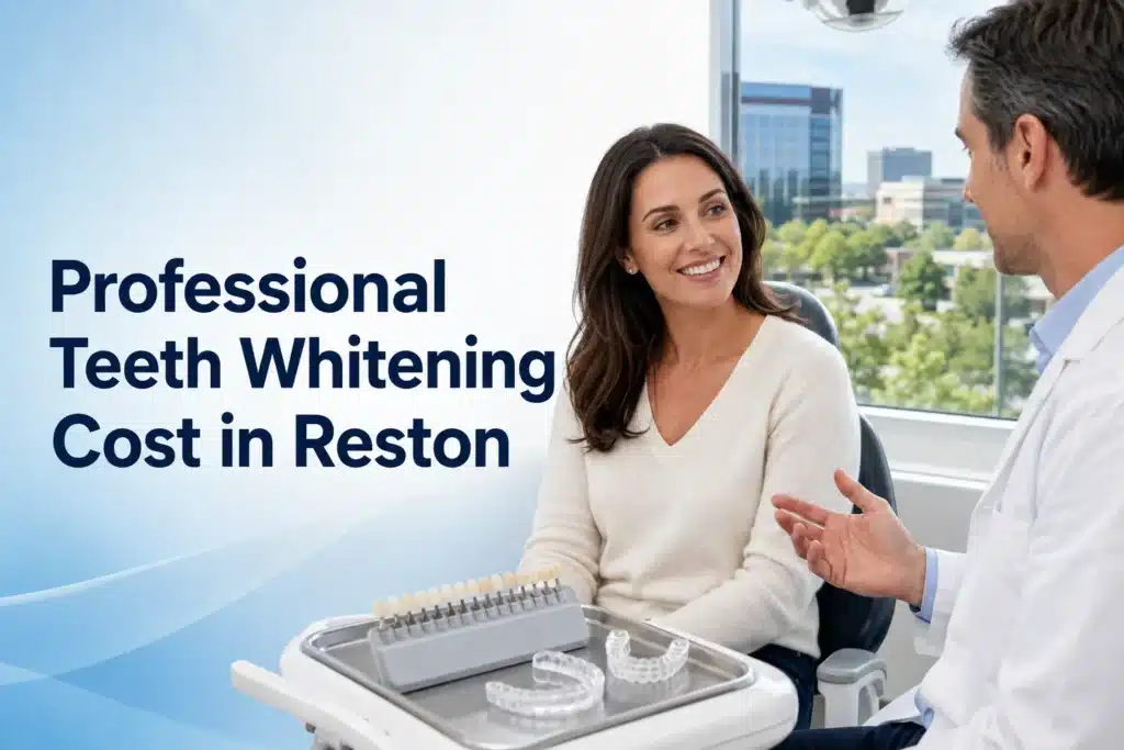 Patient discussing professional teeth whitening costs with a dentist in a modern Reston, Virginia dental office.