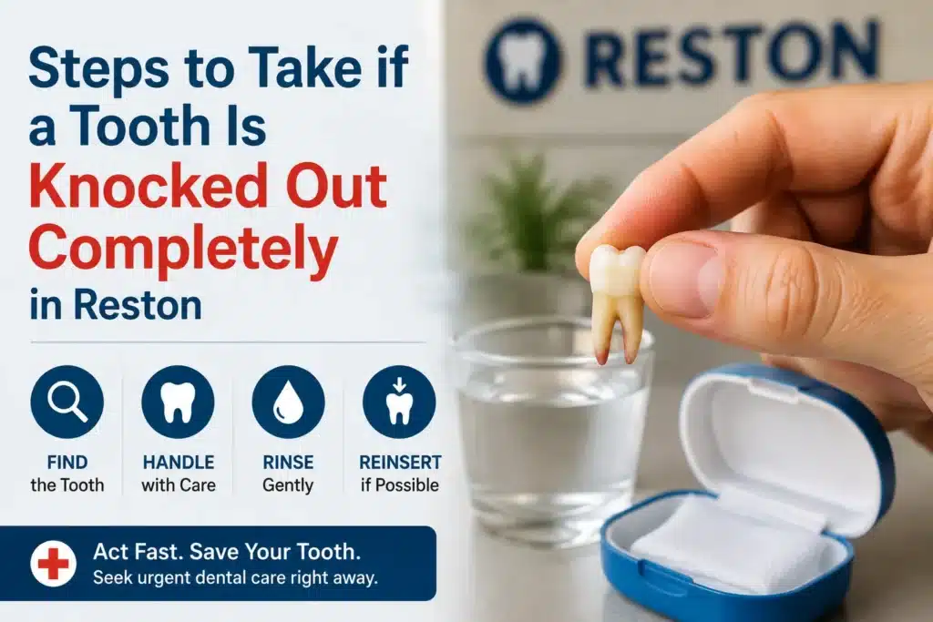 Featured dental emergency image showing steps to take when a tooth is knocked out completely in Reston, including finding the tooth, holding it by the crown, rinsing gently, and seeking urgent dental care.