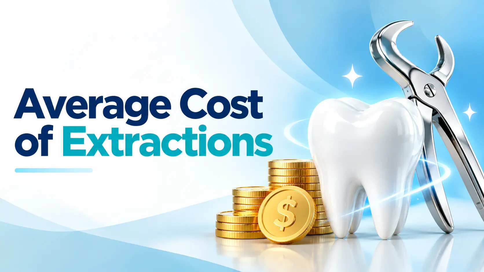 Average cost of extractions illustrated with a tooth, dental forceps, and stacks of coins
