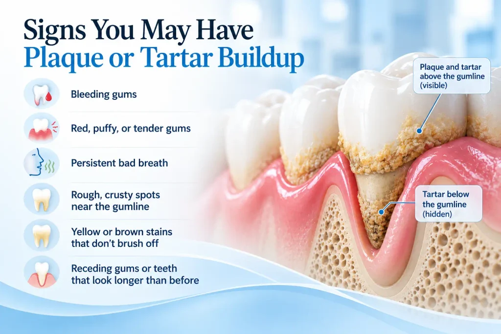Illustration showing signs of plaque and tartar buildup, including bleeding gums, bad breath, stains, gum recession, and tartar near the gumline.